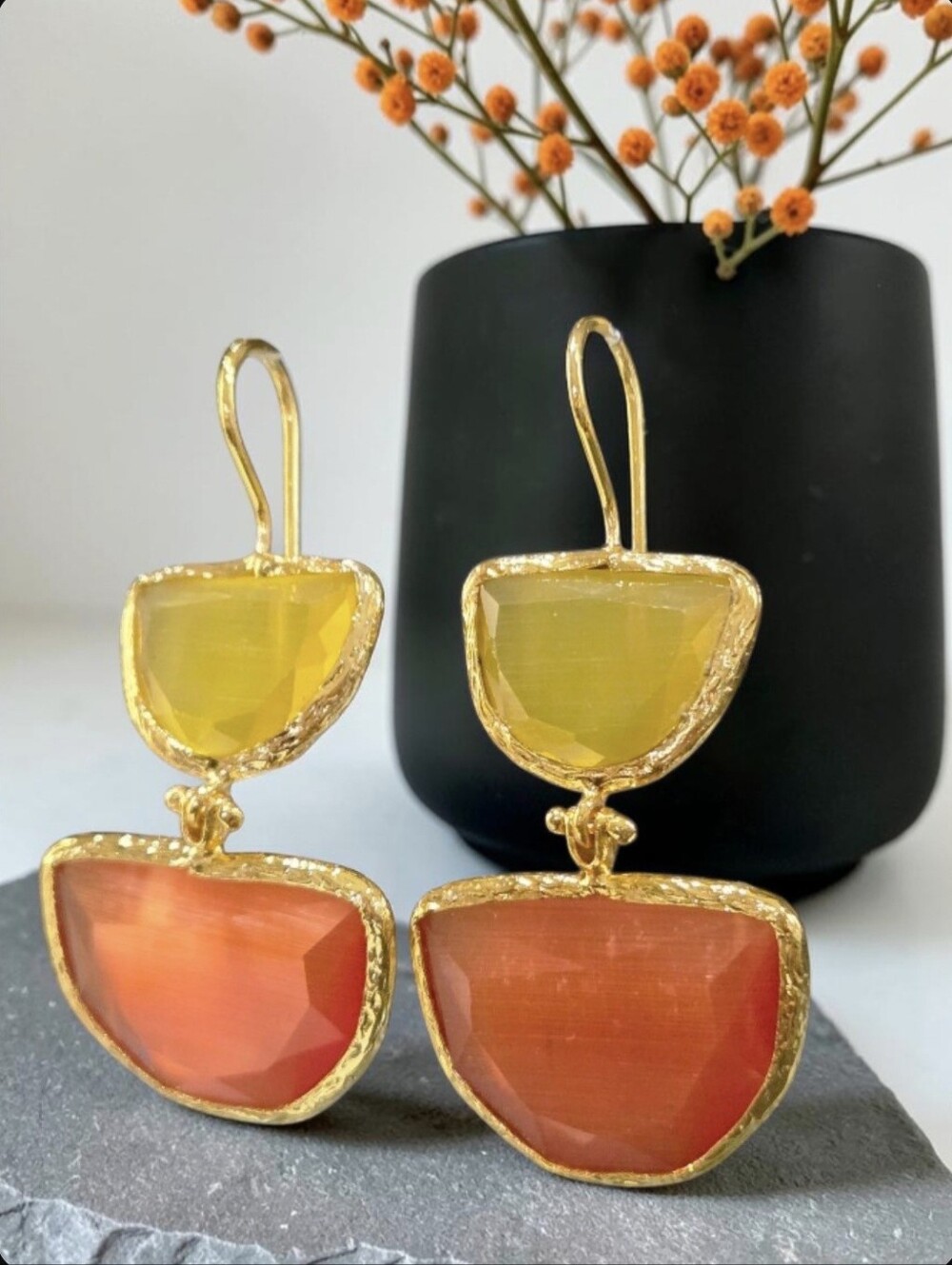 18k Gold Plated Lemon Tangerine Cats Eye Crystal Stone Geometric Dangle Earrings